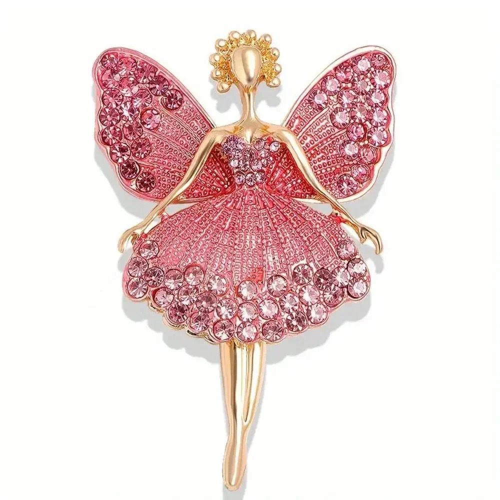 Colorful Ballet Dance Fairy with Wings Sparkly Goldtoned Rhinestone Brooch Pin